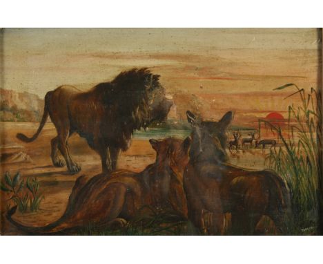 R GHERREN (?)Lions Watching Deer Before A SunsetOil on boardSigned31 x 47 cm
