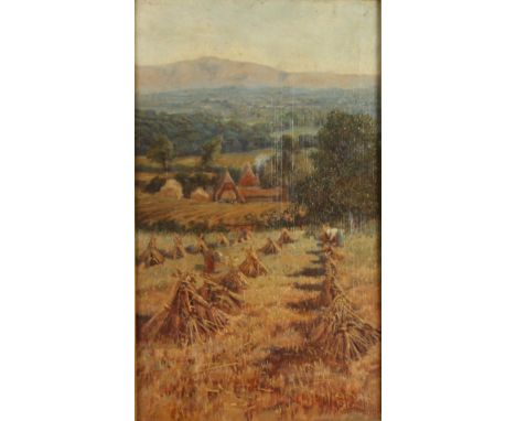 Arthur LUCAS Harvesting Landscape Oil on panel Initialled Labels to the back 35 x 21cm