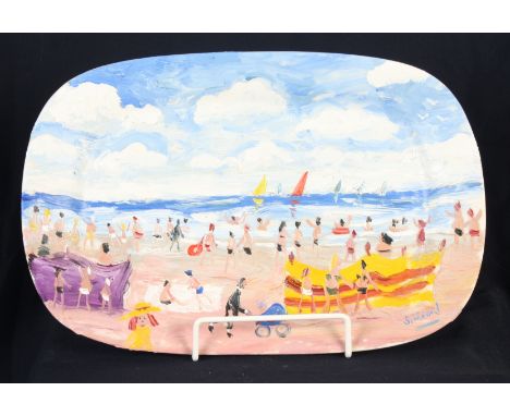Simeon STAFFORD St Ives Oil on oval ceramic plate Signed Further signed and inscribed to the back 30.5 x 20cm