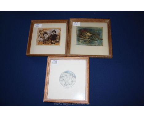 A framed and mounted limited edition print 'Snowy Walk' by Gilbert, no 2/500 and two Medici Society prints of children.