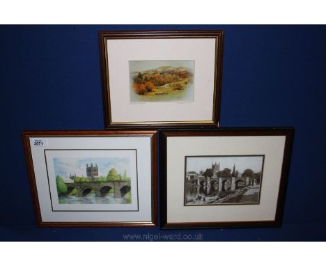 A framed and mounted Print 'Worcester Beacon' by Christopher Hughes, Print of a photograph of Hereford's Wye Bridge and a Pri
