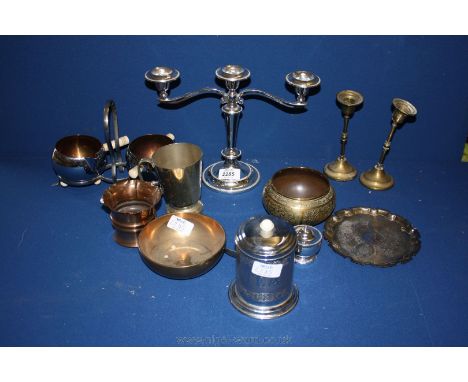 A quantity of brass and metals including Epns triple candelabra, metal tea caddy, small pair of brass candlesticks (a/f), etc