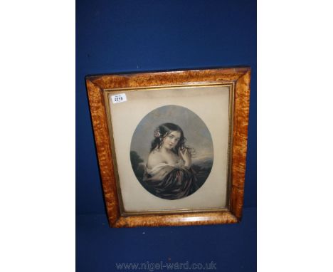 An oval mounted and framed Print of a young lady by C. Baxter.