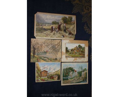 A quantity of unframed Prints and Watercolours including cycling print, thatched cottage, haymaking scene, Alpine scene and a
