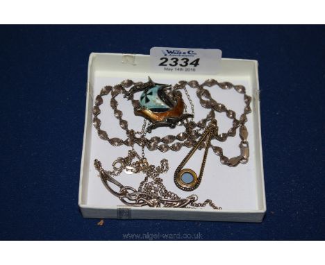 Miscellaneous silver Chains and pendant and a Silver and enamel Galleon Brooch.