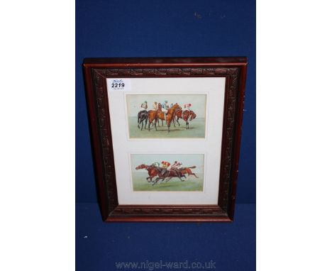 Two Horse racing Postcards, mounted and framed, dated 1915