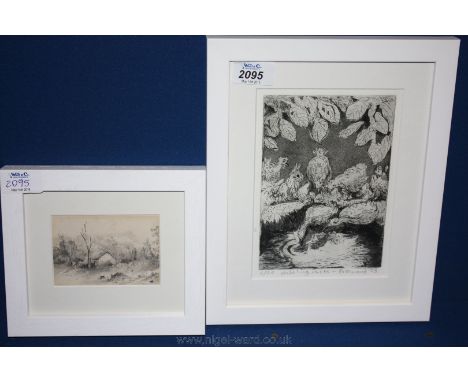 A signed, limited edition Print by Rosamond '83 'Dabbling Ducks', no. 6/20, 5'' x 7'' and a framed graphite Drawing of a cott