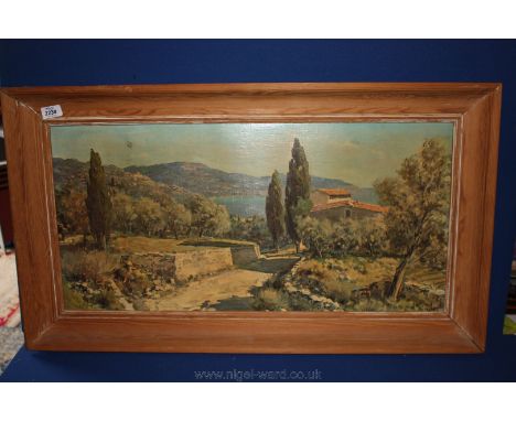 A large over varnished Print depicting a French landscape, signed lower right L. Potronat (Lucien Potronat).  Slight damage  