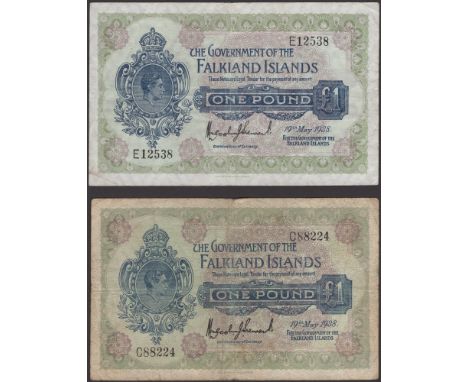 Government of the Falkland Islands, £1 (2), 19 May 1938, serial numbers C88224 and E12538, Stewart signatures, first good fin