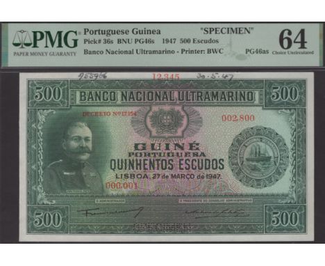 Banco Nacional Ultramarino, Portuguese Guinea, printers archival specimen 500 Escudos, 27 March 1947, serial number range 000