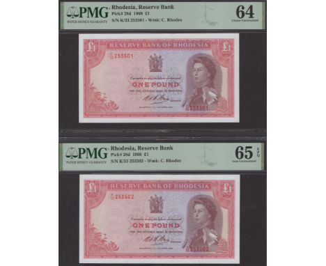Reserve Bank of Rhodesia, £1 (2), 14 October 1968, serial numbers K/33 253501-02, in PMG holders 64, choice uncirculated and 
