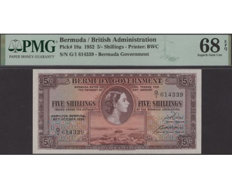 Bermuda Government, 5 Shillings, 20 October 1952, serial number G/1 614339, Davidson and Kempe signatures, in PMG holder 68 E