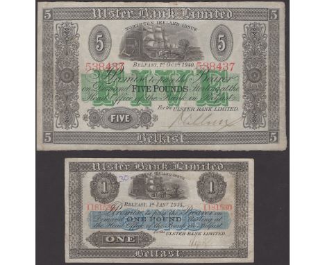 Ulster Bank Limited, £1, 1 January 1935, serial number 1181539, also £5, 1 October 1940, serial number 538437, first about ve