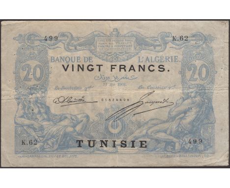 Banque de ‘Algerie, Tunisia, 20 Francs, 21 May 1908, serial number K.62 499, Gantes and Jacquet signatures, multiple pinholes