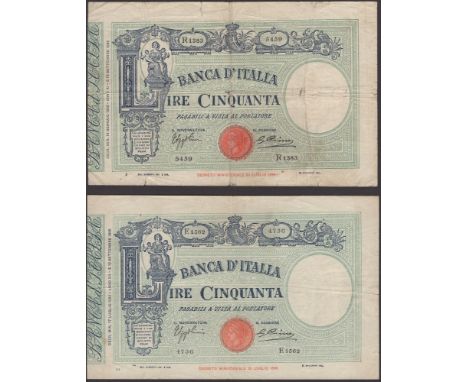 Banca d’Italia, 50 Lire (2), 18 January 1933, serial number R 1383 5459, 17 June 1934, serial number E 1562 4736, first very 