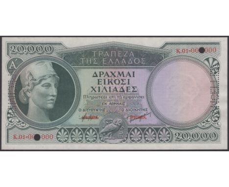 Bank of Greece, specimen 20000 Drachmai, ND (1946), red serial number K.01-000000, SPECIMEN and CANCELLED perforation, small 