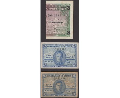 Government of Cyprus, 3 Piastres, 1 March 1943, serial number C/3 646285, overprinted on the right-hand part of a earlier 1 S
