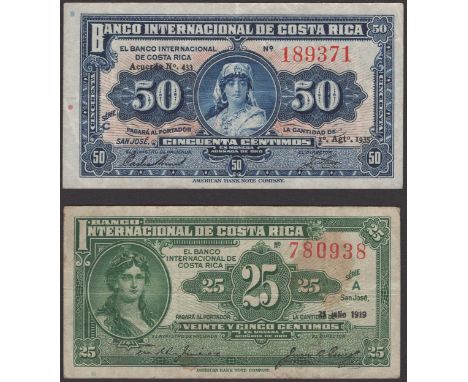 Banco International de Costa Rica, 25 Centimos, 25 July 1919, serial number A 780938 and 50 Centimos, 3 August 1935, serial n