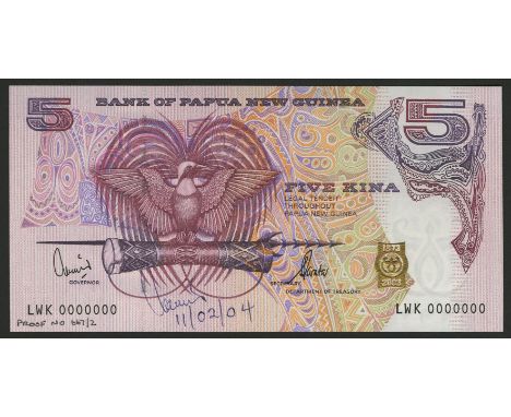 Bank of Papua New Guinea, the final approved proof for 2 Kina, 2003, serial number LWK 0000000, Kamit and Tarata signatures, 