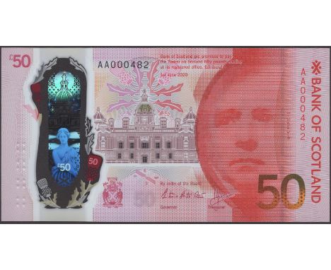 Bank of Scotland, polymer £50, 2020, serial number AA000482, uncirculated and sold with a presentation pack showing security 