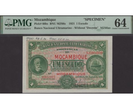 Banco Nacional Ultramarino, Mozambique, printers archival specimen 1 Escudo, 1 January 1921, serial number range 000001 to 16