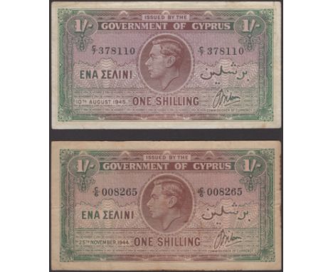 Government of Cyprus, 1 Shilling (2), 25 November 1944, serial number C/6 008265 and 10 August 1945, serial number C/7 378110