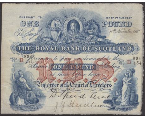 Royal Bank of Scotland, £1, 11 November 1920, serial number B 894/454, Speed signature and manuscript signature of Hunter, al
