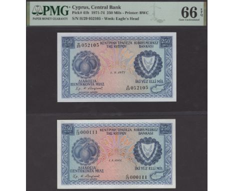 Central Bank of Cyprus, 250 Mils (2), 1 September 1971, serial number H/29 052105, 1 August 1973, serial number C/13 000111, 