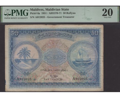 Government of the Maldives, 50 Rufiyaa, 1951, serial number A012025, Kilegefan signature, annotations, in PMG holder 20, very