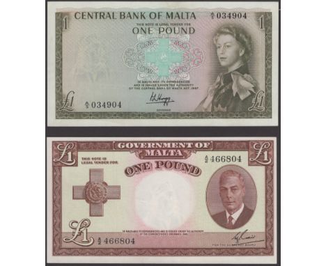Government of Malta, £1, ND (1949), serial number A/2 466804, George VI, also Central Bank, £1, ND (1969), serial number A/5 
