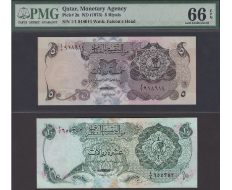 Qatar Monetary Agency, 5 Riyals, ND (1973), serial number A/1 918614, also 10 Riyals, ND (1973), serial number A/4 655352, fi