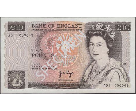 Bank of England, John B. Page, £10, 20 February 1975, serial number A01 000049, uncirculated and a pleasing fresh and origina