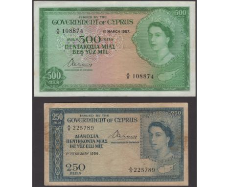Government of Cyprus, 250 Mils, 1 February 1956, serial number A/8 225789, also 500 Mils, 1 March 1957, serial number A/8 108