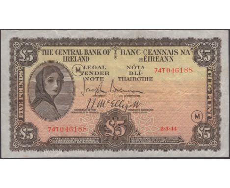 Central Bank of Ireland, £5, 2 March 1944, serial number 74T 046188, brown War Code K, Brennan and McElligott signatures, ver