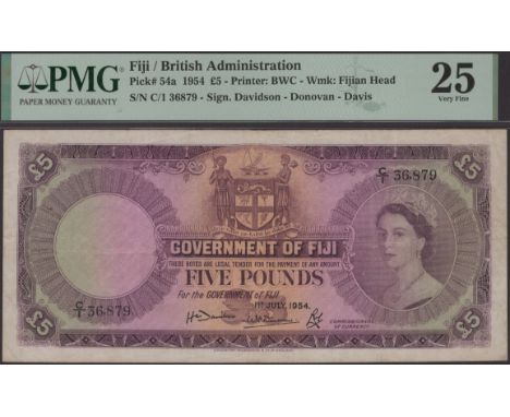 Government of Fiji, £5, 1 July 1954, serial number C/1 36879, Davidson, Donaldson and Davis signatures, in PMG holder 25, ver