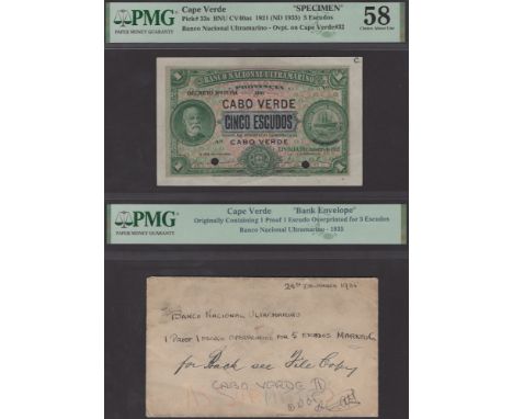Banco Nacional Ultramarino, Cape Verde, specimen/proof 5 Escudos on 1 Escudo, 1937 (old date 1 January 1921), no serial numbe