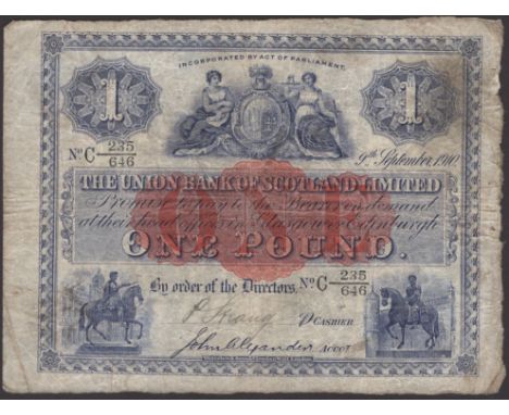 Union Bank of Scotland, £1, 9 September 1910, serial number C 235/646, Alexander and one other manuscript signature, a lovely