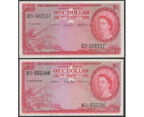 British Caribbean Territories, $1, 1 July 1960, serial number R3-502757, Tubb, Reese and Burrowes signatures, also $1, 2 Janu