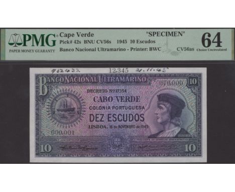 Banco Nacional Ultramarino, Cape Verde, printers archival specimen 10 Escudos, 16 November 1945, serial number range 000001 t