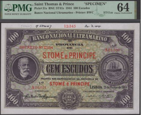 Banco Nacional Ultramarino, St Thomas & Prince, printers archival specimen 100 Escudos, 21 March 1944, serial number range A0