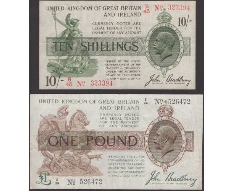 Treasury Series, John Bradbury, £1, 22 January 1917, serial number E/24 526472, also 10 Shillings, 16 December 1918, serial n