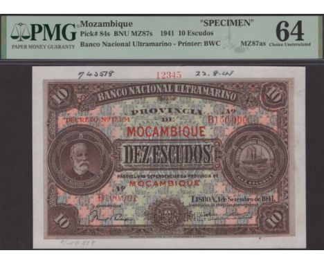 Banco Nacional Ultramarino, Mozambique, printers archival specimen 10 Escudos, 1 September 1941, serial number range B100001 