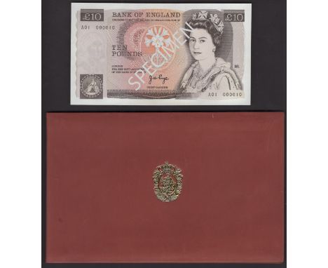 Bank of England, John B. Page, £10, 20 February 1975, serial number A01 000010, the note is uncirculated and contained within