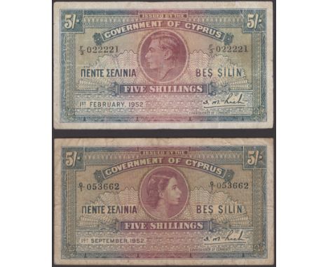 Government of Cyprus, 5 Shillings (2), 1 February 1952, serial number F/3 022221, and 1 September 1952, serial number G/1 053