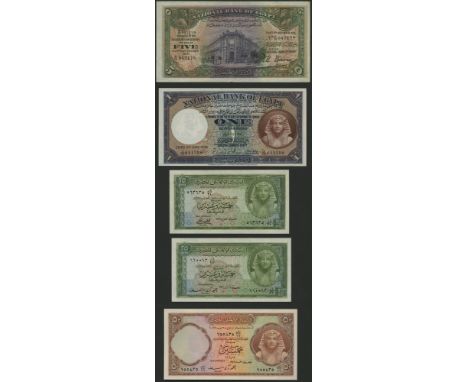 National Bank of Egypt, £5, 6 November 1943, serial number M/76 043179, Nixon signature, also £1, 5 June 1948, serial number 