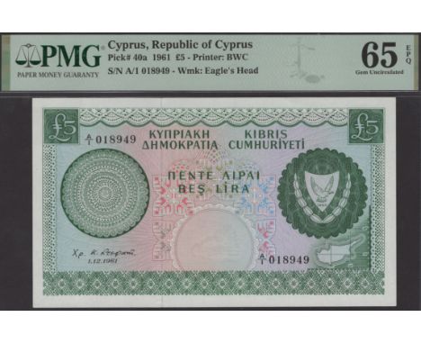 Central Bank of Cyprus, £5, 1 December 1961, serial number A/1 018949, in PMG holder 65 EPQ, gem uncirculated, scarce in this
