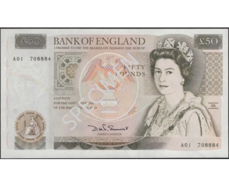 Bank of England, David H. F. Somerset, £50, 20 March 1981, serial number A01 708884, uncirculated, a scarce first run EPM B35