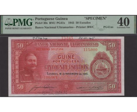 Banco Nacional Ultramarino, Portuguese Guinea, printers archival specimen 50 Escudos, 16 November 1945, serial number range 1