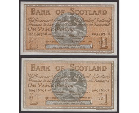 Bank of Scotland, £1 (2), both 6 February 1945, serial number BO 349706, reverse, dark brown, and serial number BO 926791, re