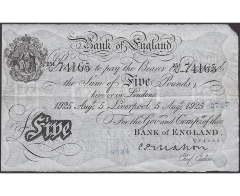 Bank of England, Cyril P. Mahon, £5, Liverpool, 5 August 1925, serial number 251/U 74165, a few small bank stamps, overall a 